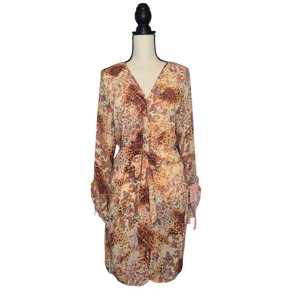 Josie Natori Vibrant Floral Animal Mixed Print Wrap Robe Dress Women's size L